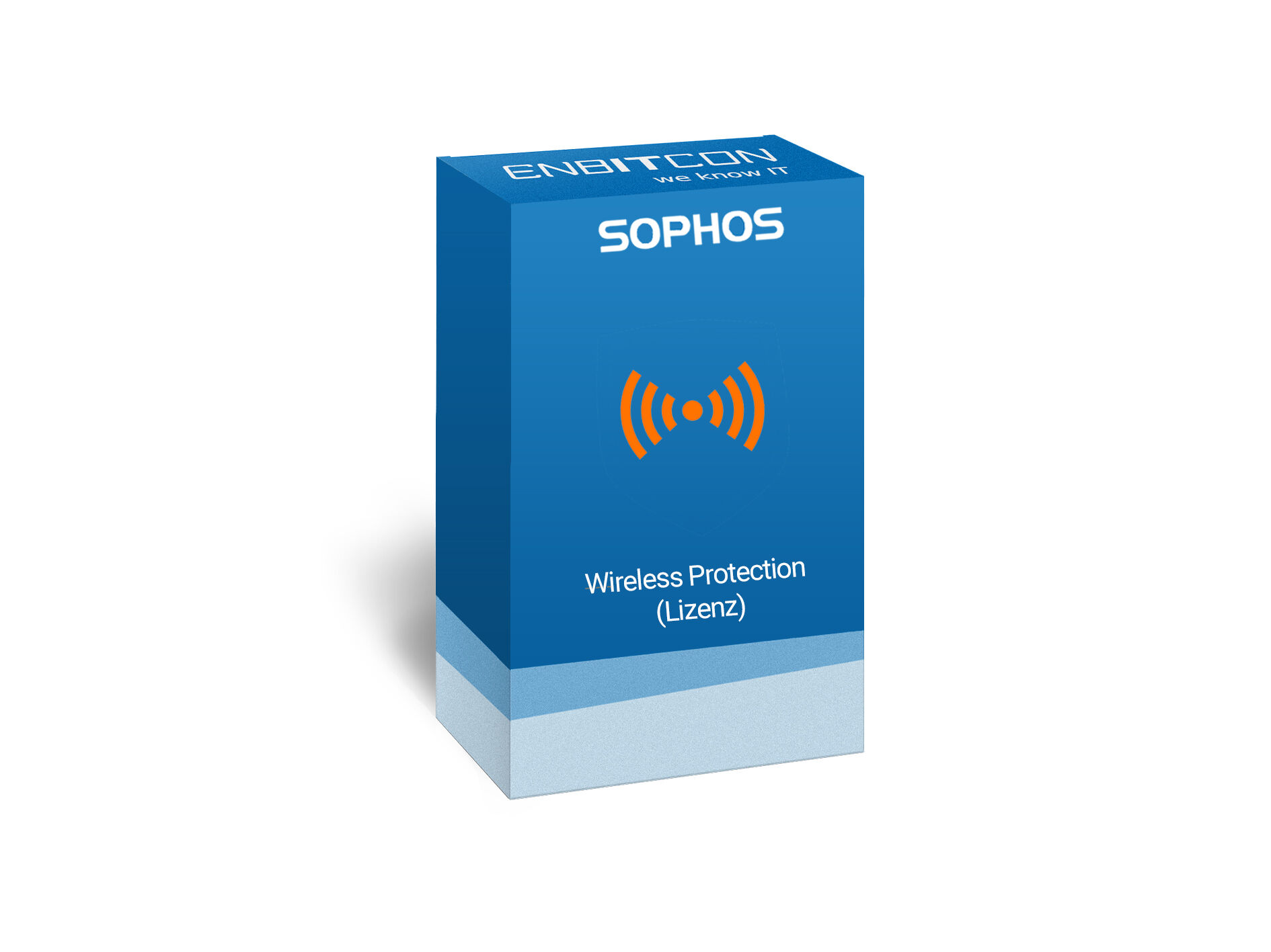 Sophos WIreless Protection Lizenz Vorschaubild bestehend aus dem Sophos logo und einem blauen Schild, indem sich orangene Funkwellen befinden