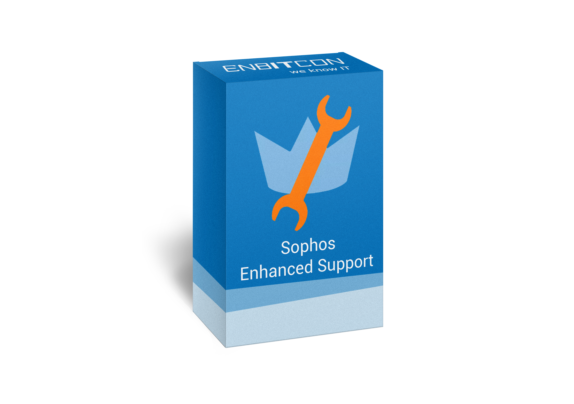 Sophos Enhanced Support Box Vorschaubild bestehend aus einem orangenem Schraubenschlüssel auf einer blauen Box