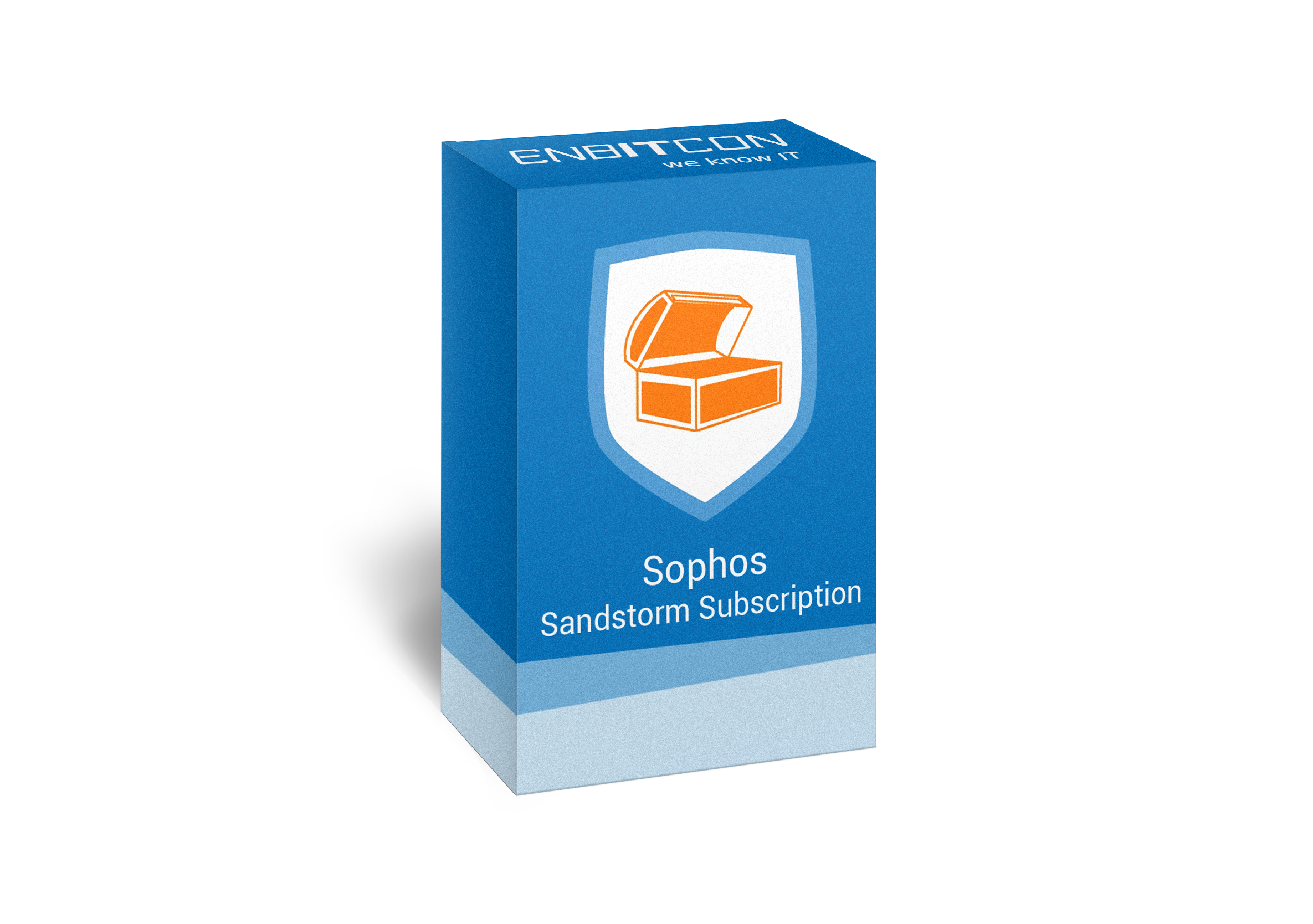 Sophos Sandstorm Subscription Box Vorschaubild bestehend aus einem blauen Schild, indem sich eine orangene Truhe befindet, auf einer blauen Box