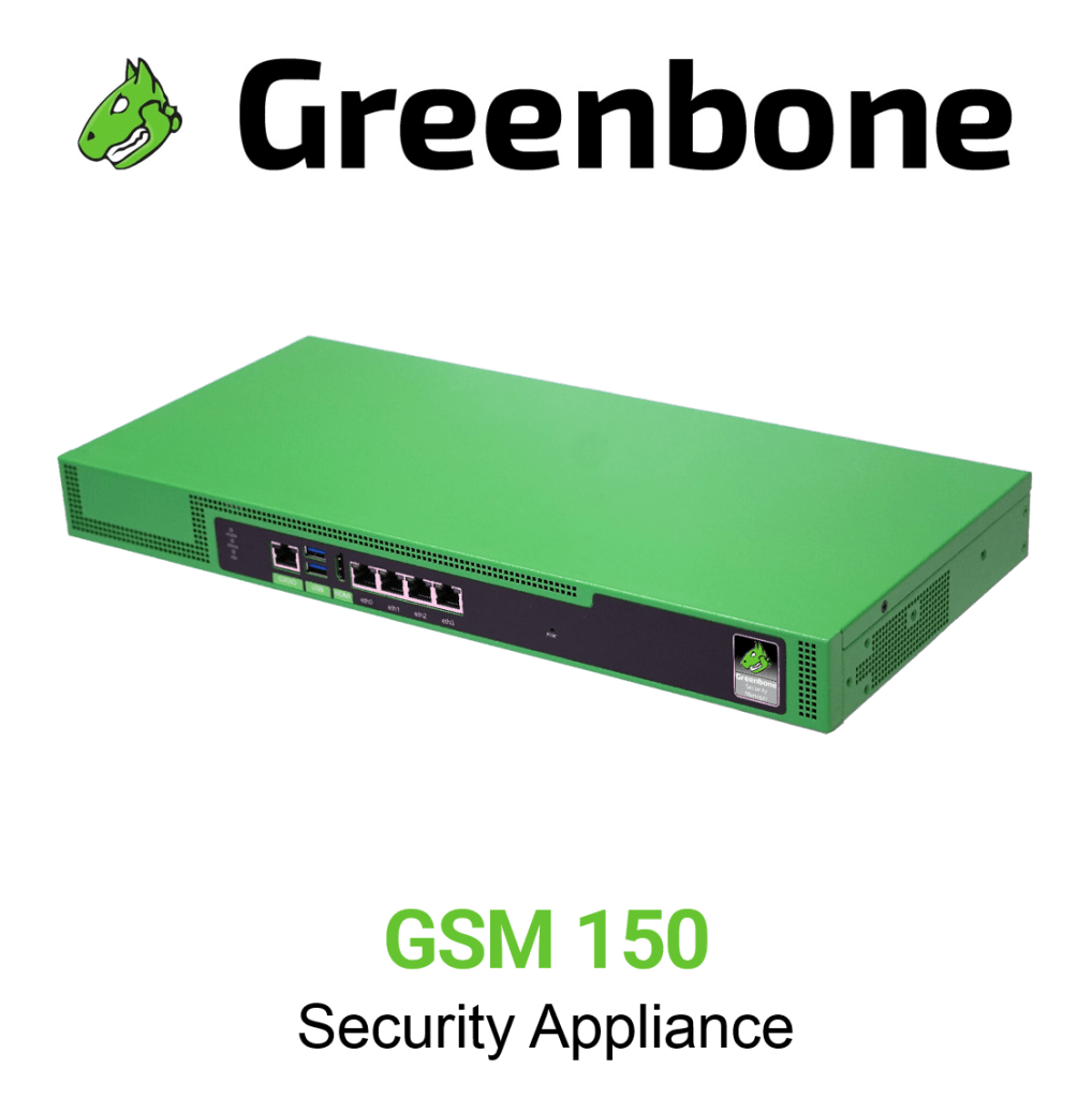 Greenbone-GSM-150 Security Appliance Vorschaubild mit Greenbone logo und Modellbezeichnung