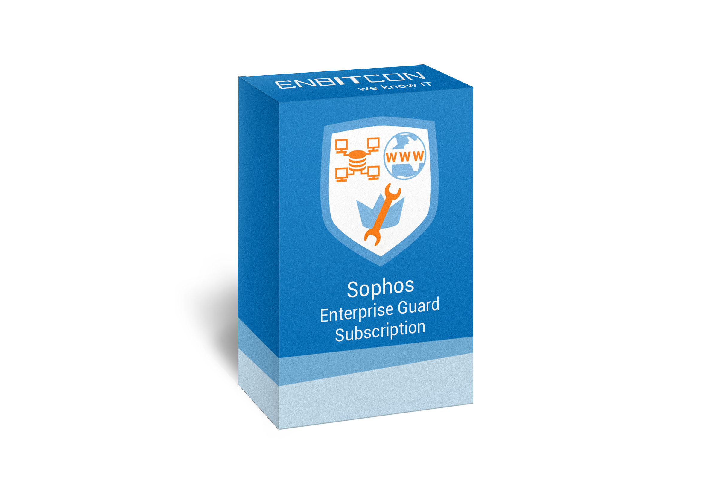 Sophos Enterprise Guard Subscription Box Vorschaubild bestehend aus einem blauen Schild, indem sich sich ein Computernetz, WWW und Schraubenschlüssel befinden, auf einer blauen Box